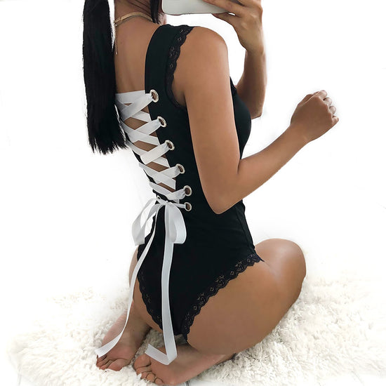 Image Title Black Backless Cross Lace Bodysuit